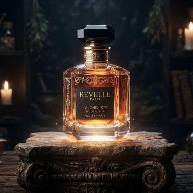Revelle Paris elixir bottle glowing on a stone pedestal