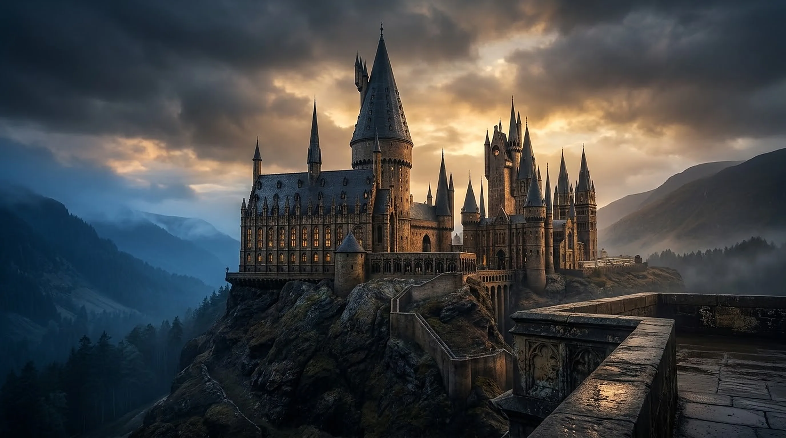 A moonlit castle above a dark valley